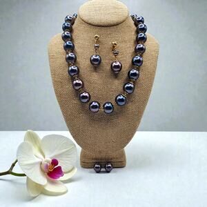 VTG 1950s Faux Tahitian Black Pearl Necklace and Dangle Clip Earrings Set MCM